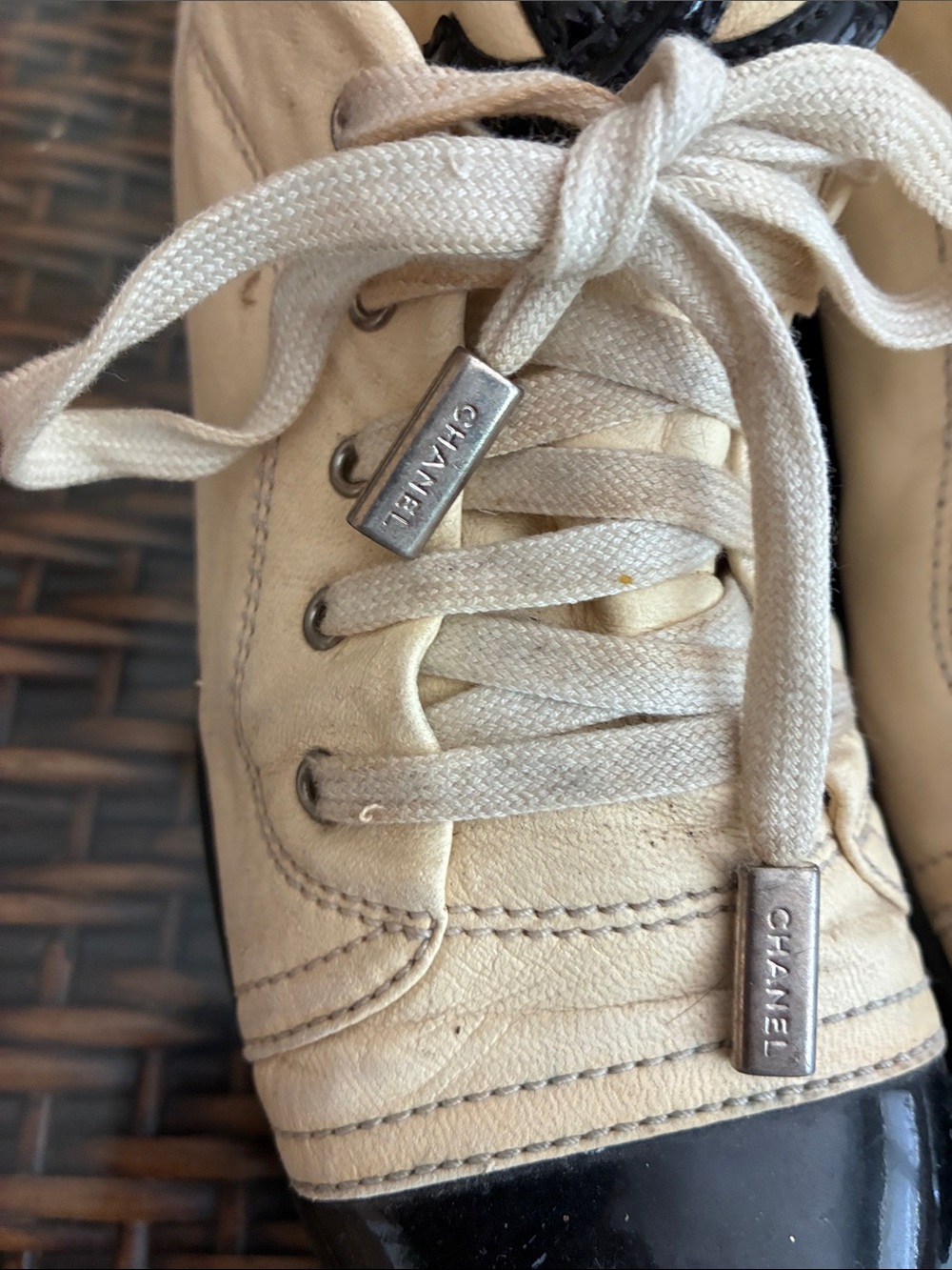 CHANEL Beige and Black Lace-Up Logo Sneakers - Picture 3 of 12